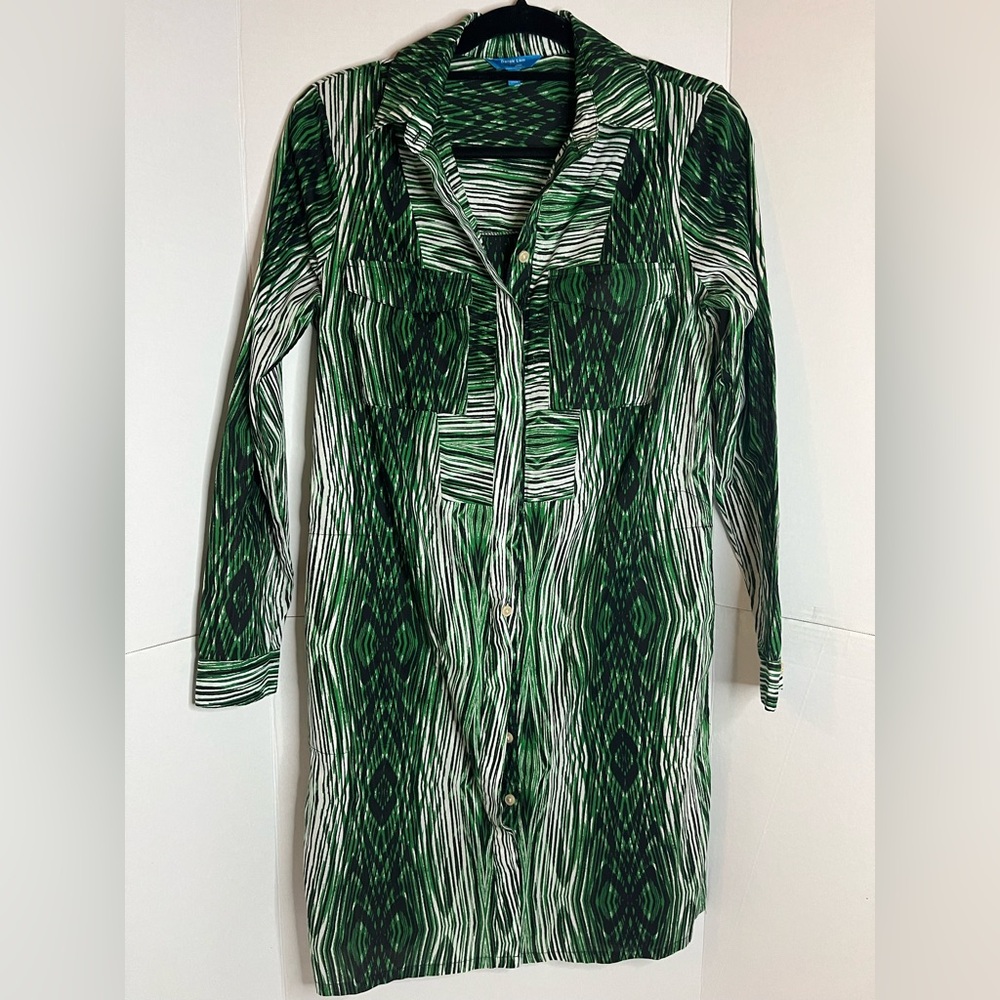 Derek Lam Design Nation Black & Green Pattern 100% cotton Shirt Dress Sz Small